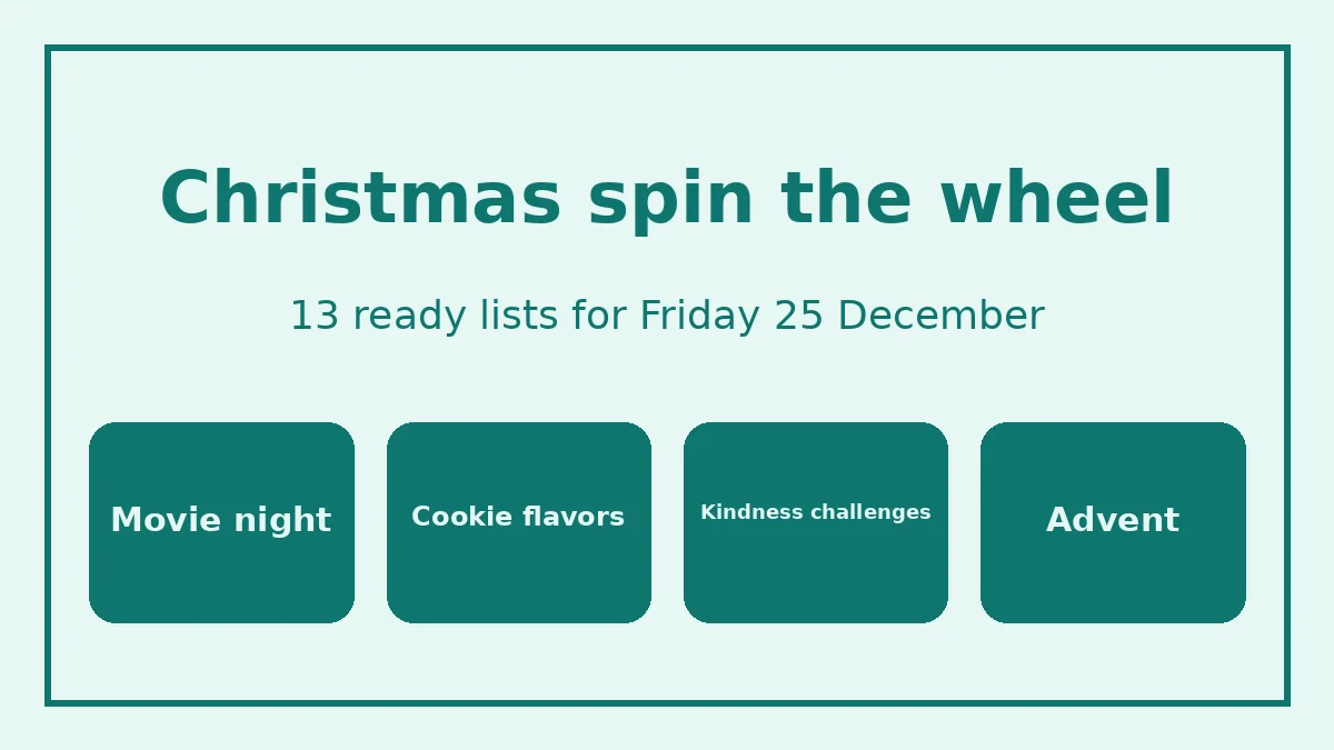 Christmas spin the wheel with movie, cookie, game and kindness slices in red and green