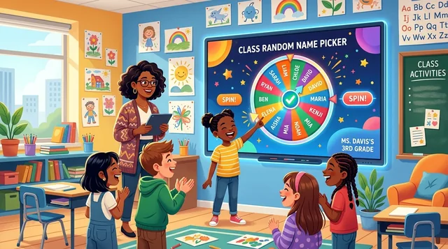 Classroom interactive smart board showing a colorful random name picker wheel with students
