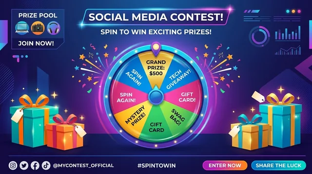 Online giveaway prize wheel contest with gift boxes and confetti celebration