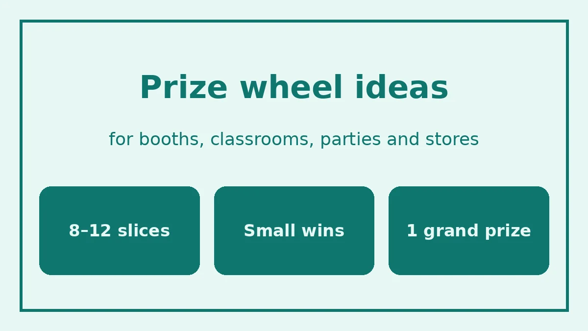 Prize wheel ideas: 8 to 12 short-label slices, many small prizes plus one grand prize, free to spin