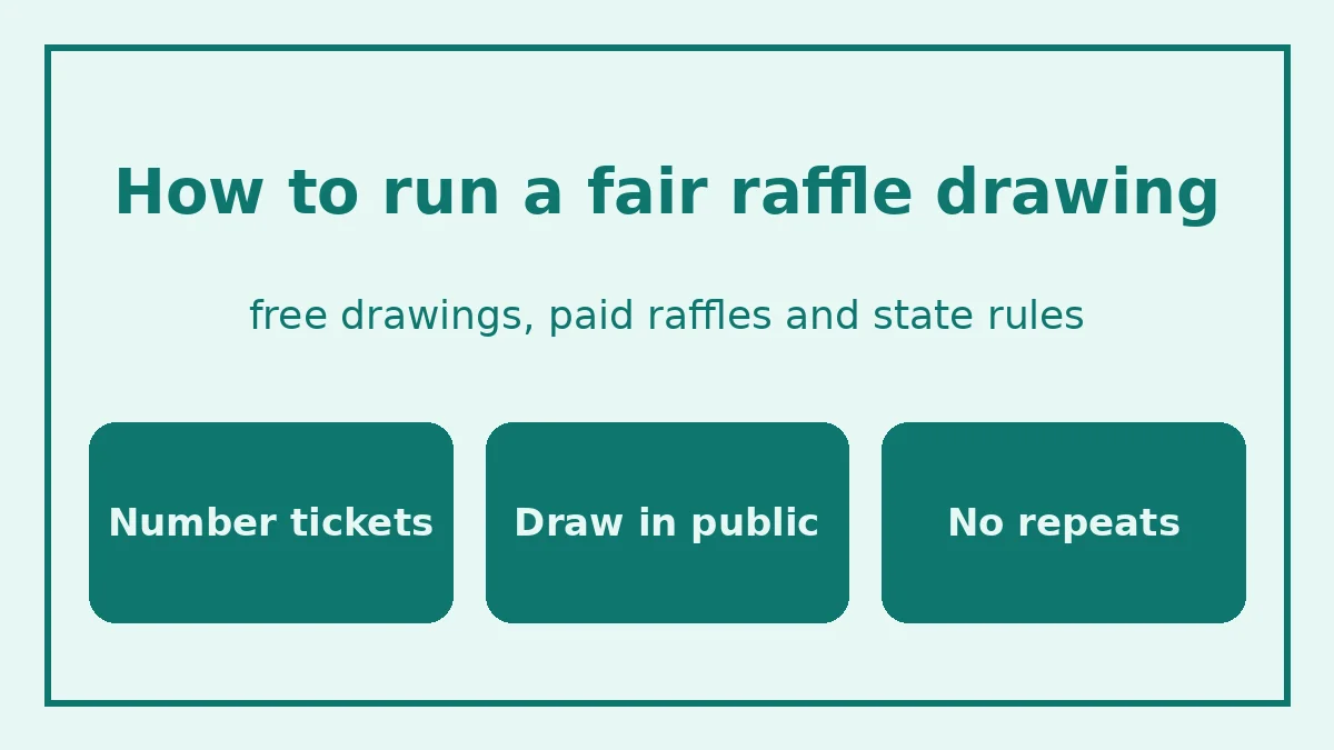 Raffle drawing: number every ticket, publish the rules, draw in public, remove winners, record results; check state rules for paid raffles