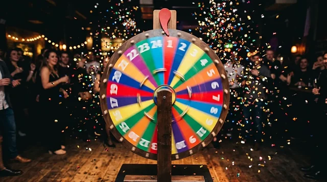 A colorful prize wheel mid-spin with motion blur and confetti in a dark party backdrop.