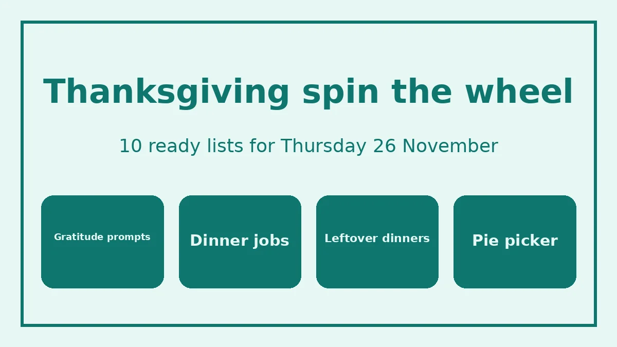 Thanksgiving spin the wheel with gratitude prompts, dinner jobs, pie choices and leftover ideas on colorful slices